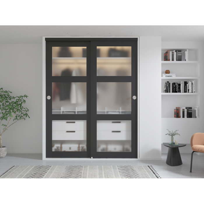 Calhome 3Lite Frosted Tempered Glass Sliding Double Bypass Closet Door